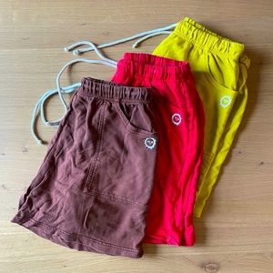 Big Bud Press lightweight sweat shorts, 3 pairs. Brown, yellow, red